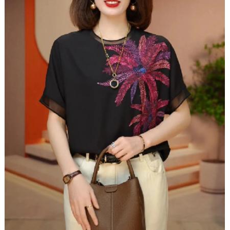 PF2827#夏季新款高级感洋气时尚百搭显瘦短袖圆领上衣