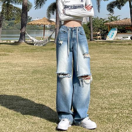 PF2839#牛仔裤时尚 新款乞丐破洞高腰显瘦直筒宽松垂感拖地裤