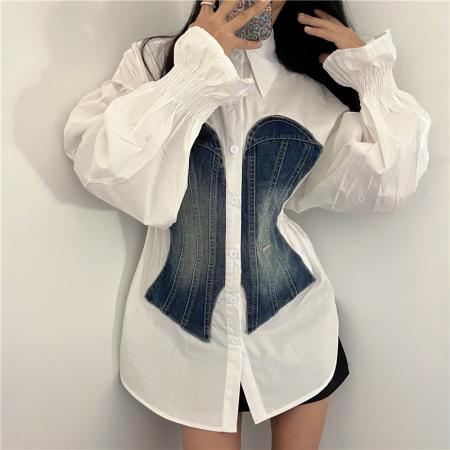 PF2841#韩国chic小众设计感泡泡袖拼牛仔时髦拼色松紧收腰衬衫