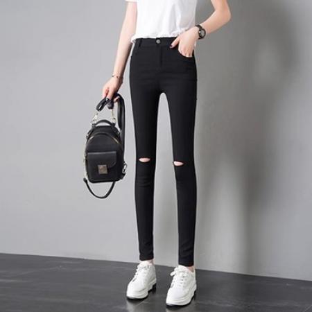 PF2842#薄款打底裤女单纽扣破洞长裤小脚修身铅笔学生女裤子