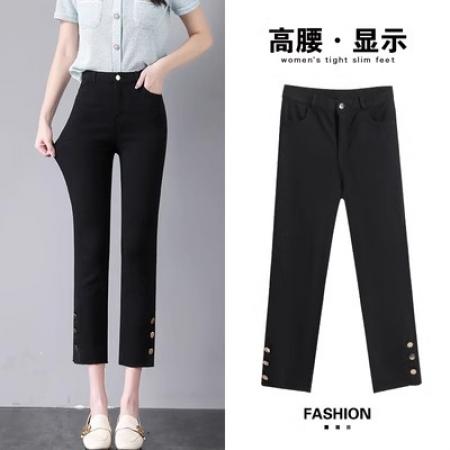 PF2843#九分侧边纽扣开叉毛边黑色高腰外穿打底裤薄款休闲九分女裤