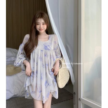 PF2847#春心荡漾 定染碎花灯笼袖娃娃雪纺连衣裙