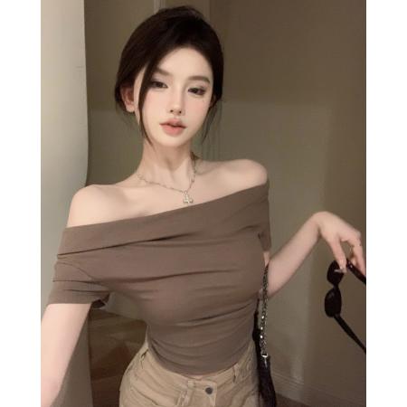PF2850#辣妹荡领亲肤收腰多穿短上衣斜肩短袖修身褶皱T恤