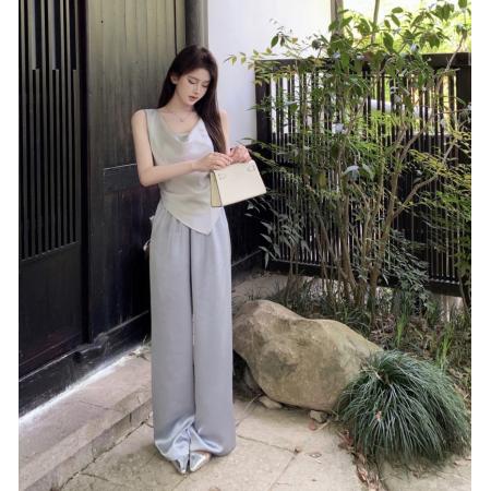 PF2851#灰色荡领不规则下摆上衣+松紧腰垂坠感宽松休闲裤