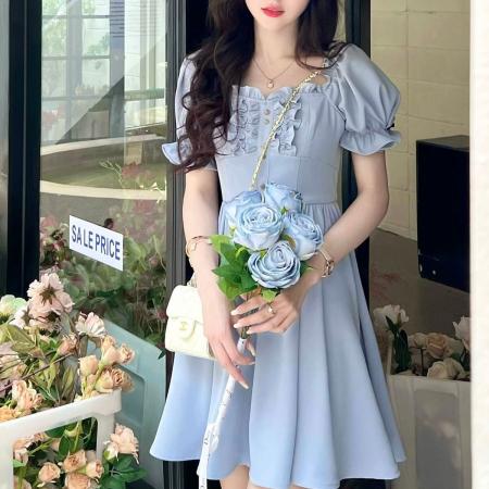 PF2861#设计感仙女木耳边方领连衣裙女夏季 新款公主风短袖A字裙