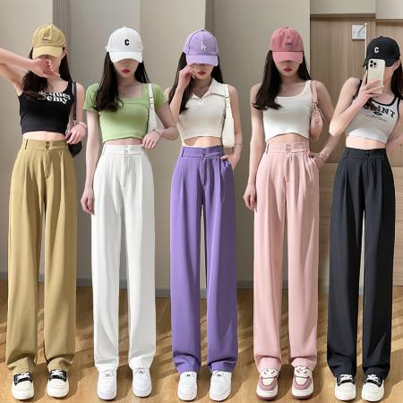 PF2874#阔腿裤女夏季薄款高腰垂感大码裤子胖mm高个子加长窄版直筒西装裤