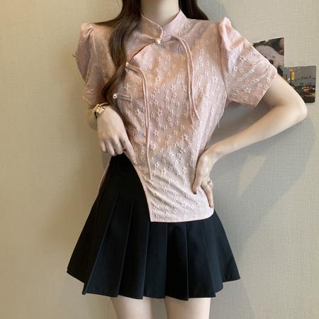 PF2879#立领蝴蝶结泡泡袖国风衬衫女夏季胖妹妹甜美减龄显瘦短款开叉上衣