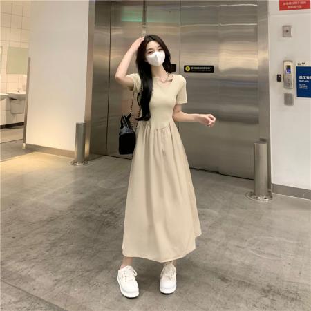 PF2883#小心机镂空链条短袖连衣裙女夏季大码胖妹妹气质拼接收腰显瘦裙子