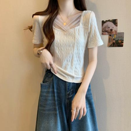 PF2884#法式网纱拼接鱼骨T恤女夏季大码胖妹妹甜辣气质温柔遮肉显瘦上衣