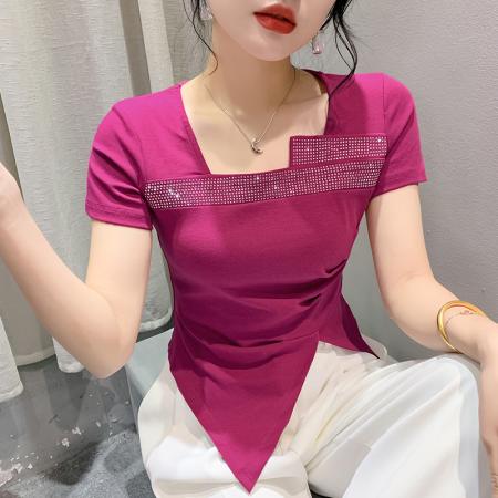 PF2885#夏季新款设计感时尚不规则短袖烫钻修身显瘦t恤小衫女潮
