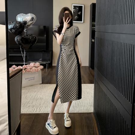 PF2892#休闲条纹连衣裙女夏季显瘦气质洋气减龄长款轻熟风裙子质感高级感