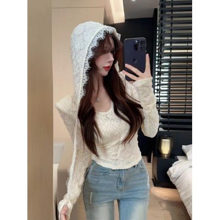 PF2895#新款小众褶皱设计感连帽上衣蕾丝修身显瘦长袖T恤