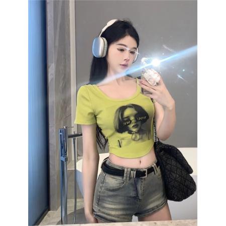 PF2896#欧美印花辣妹修身短袖方领上衣女夏季褶皱锁骨T恤