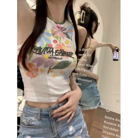 PF2899#彩色花朵印花工字背心女夏季减龄百搭无袖上衣短款