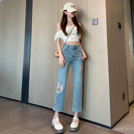 PF2900#直筒烟管裤弹力牛仔裤女春夏 新款中国风设计感爆款