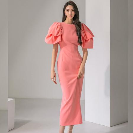 PF2909#夏新款韩版时尚名媛风纯色显瘦长裙堆堆袖多巴胺亮色连衣裙