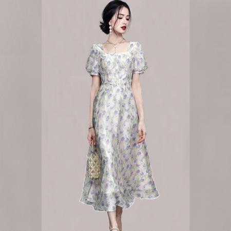 PF2912#新款韩版气质淑女修身显瘦雪纺碎花荷叶边中长款连衣裙