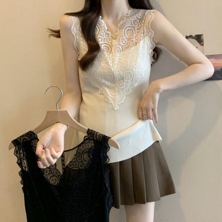 PF2929#大码胖MM夏季新款蕾丝拼接针织无袖上衣背心