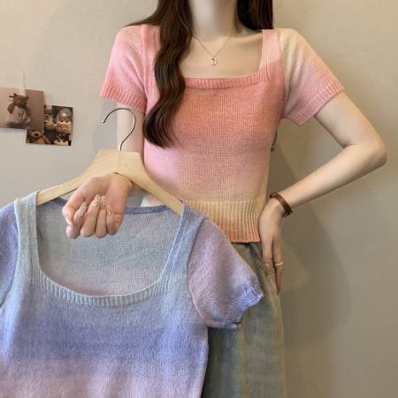 PF2931#大码胖MM夏季新款方领彩虹色针织短袖上衣