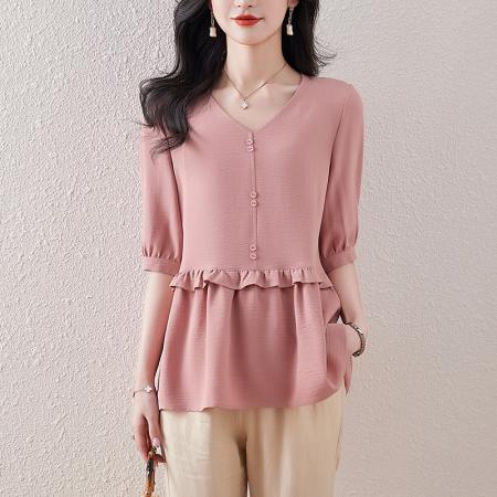 PF2933#夏季新款棉麻上衣女短袖宽松休闲V领韩版女装大码上衣女