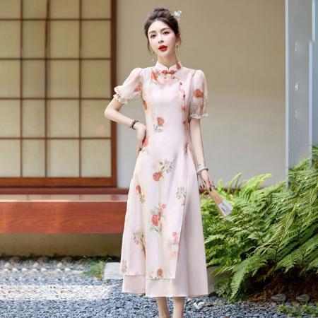PF2937#立领印花旗袍短袖连衣裙 夏季显瘦高端气质修身年轻国风中式