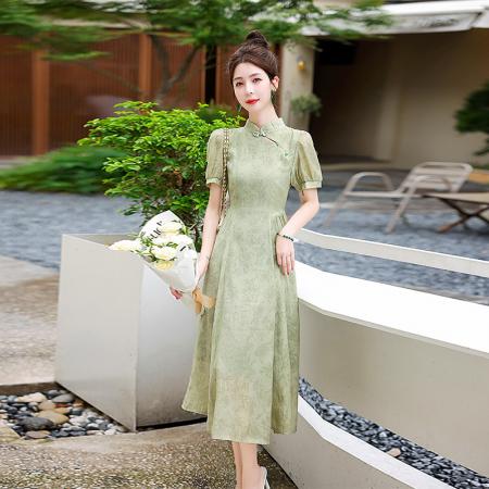PF2938#国潮中式改良旗袍连衣裙 夏季复古气质高级显瘦收腰短袖裙子女