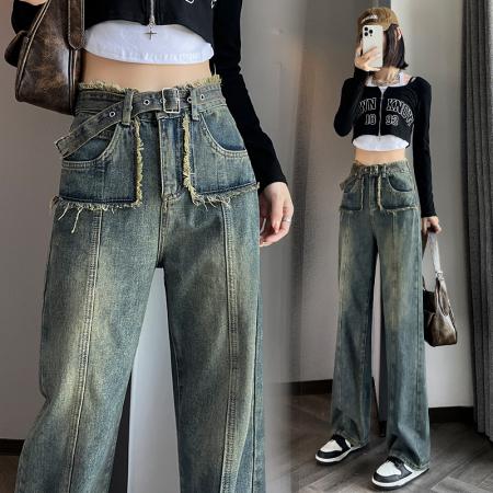 PF2953#复古毛边口袋牛仔裤女春秋新款设计感小众百搭直筒长裤拖地裤潮流