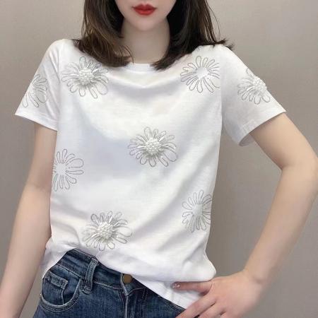 PF2954#洋气镶钻印花圆领短袖针织衫女夏季小众百搭休闲宽松显瘦套头上衣