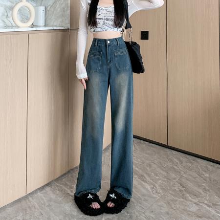 PF2956#窄版阔腿牛仔裤女春秋新款复古高腰显瘦加长宽松直筒拖地裤