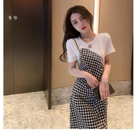 PF2958#短袖连衣裙女夏季2024新款时尚气质棋盘格不规则法式开叉裙子