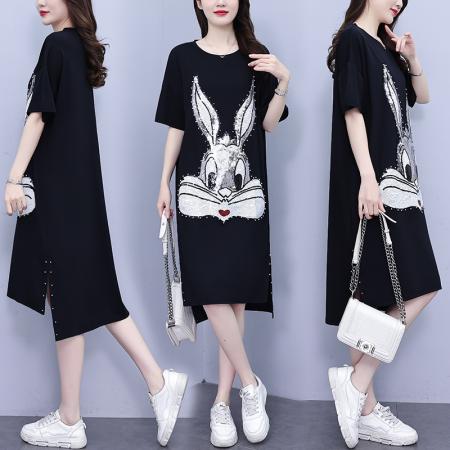 PF2960#大码女装夏季韩版新款短袖遮肚子显瘦宽松休闲刺绣开叉连衣裙