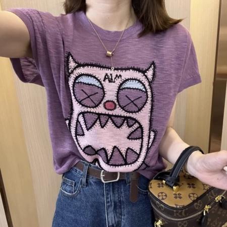PF2977#圆领短袖女新款夏设计感卡通宽松休闲遮肉T恤上衣