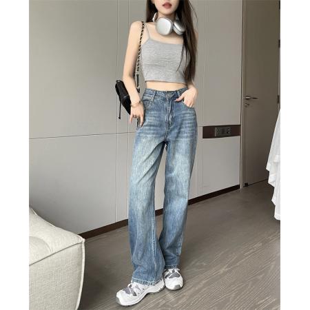 PF2986#复古裤子百搭高腰休闲阔腿裤拖地长裤直筒牛仔裤女