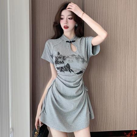 PF2989#300斤加大码新中式盘扣连衣裙女夏季胖mm褶皱抽绳印花改良旗袍裙