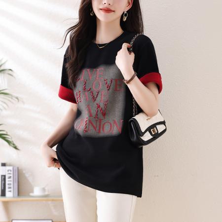 PF2997#新款手工钉钻字母印花短袖T恤袖口拼接宽松休闲打底上衣