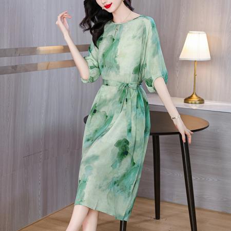 PF3032#真丝绿色水墨画连衣裙女桑蚕丝双绉a字裙气质显瘦长裙法式裙子夏