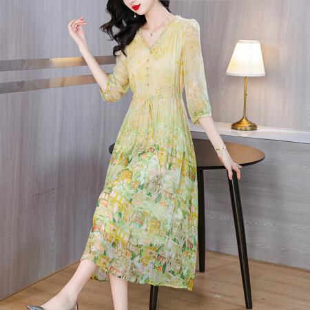 PF3034#新款贵夫人重磅真丝桑蚕丝印花收腰连衣裙女气质真丝裙子
