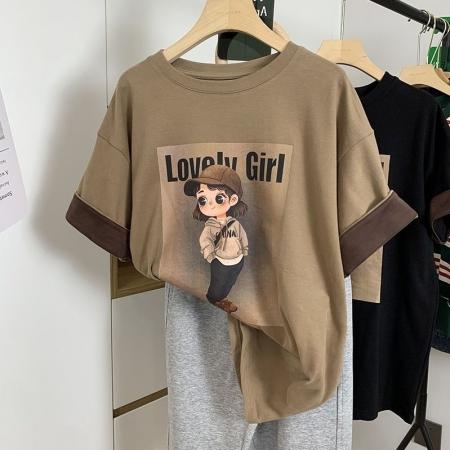 PF3035#阳离子德绒T恤女款欧货加厚短袖ins潮拼接百搭圆领上衣