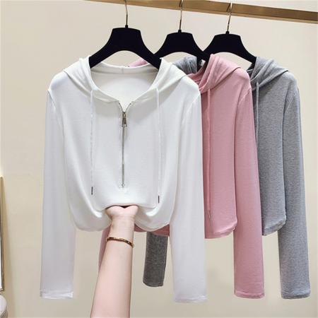 PF3036#t恤秋季新款时尚连帽半拉链上衣修身气质百搭长袖打底衫潮