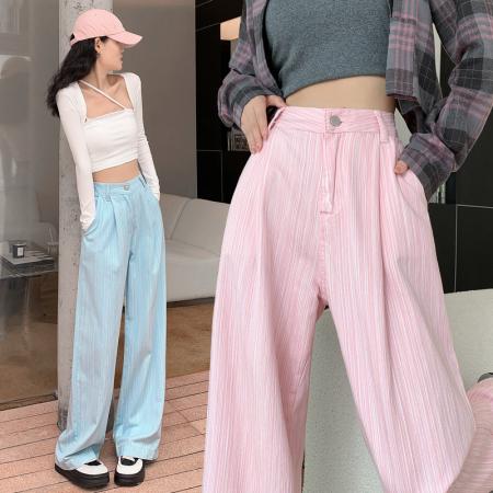 PF3046#蓝色条纹休闲裤女春夏胖mm高腰宽松显瘦肌理感梨型身材阔腿裤