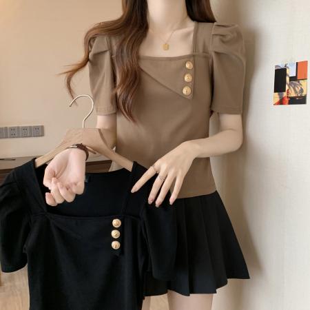 PF3052#胖MM 夏独特别致港味复古chic甜辣妹方领上衣设计感短袖t恤女