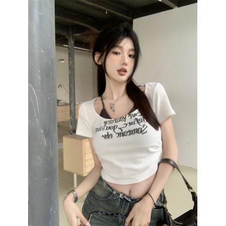 PF3057#美式辣妹字母印花假两件t恤女夏季纯欲修身显瘦短款甜辣上衣