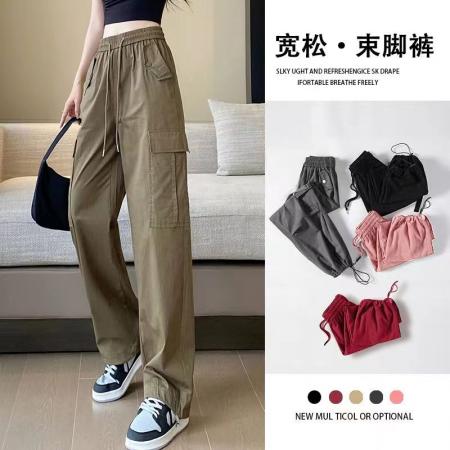 BY25#美式洗水棉抽绳工装裤秋款小个子高腰显瘦束脚直筒阔腿裤