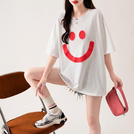 PF3062#双纱纯棉短袖t恤女夏2024刺绣花潮圆领新款上衣大码女装