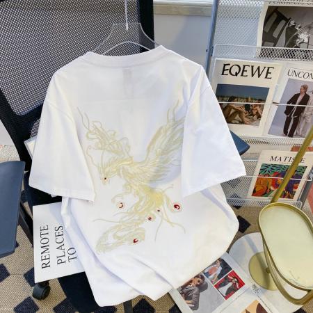 PF3065#纯棉后包领特大码300斤重工刺绣纯棉正肩短袖T恤女