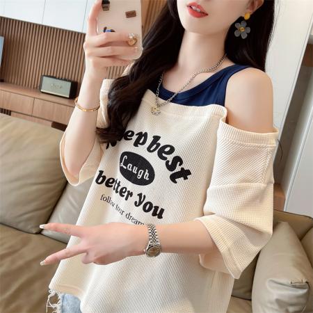 PF3067#华夫格夏季露肩撞色印花短袖T恤女