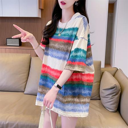 PF3069#精梳纯棉扎染2024年新款百搭宽松上衣印花T恤女