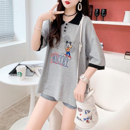 PF3070#纯棉 韩版木耳领中长款开叉卡通POLO领短袖T恤女