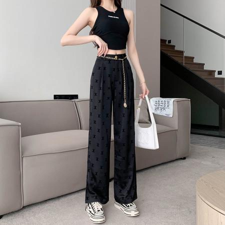 PF3073#新款植绒印花直筒垂感拖地裤高腰显瘦休闲冰丝阔腿长裤+链条