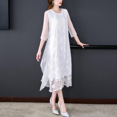 PF3077#连衣裙春夏超仙女白色刺绣桑蚕丝宽松奢华大牌别致漂亮真丝女长裙